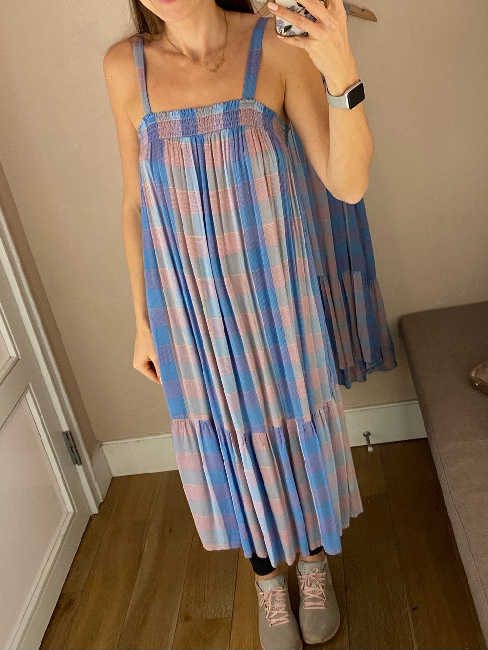 LOFT Pastel Blue & Pink Plaid Midi Dress